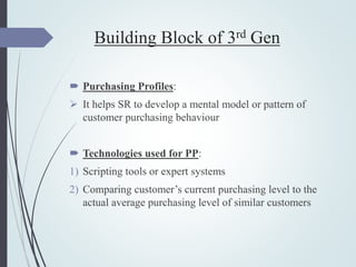 Building Block of 3rd Gen
 Purchasing Profiles:
 It helps SR to develop a mental model or pattern of
customer purchasing behaviour
 Technologies used for PP:
1) Scripting tools or expert systems
2) Comparing customer’s current purchasing level to the
actual average purchasing level of similar customers
 