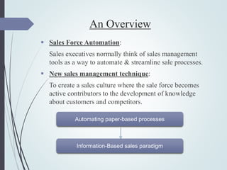 An Overview
 Sales Force Automation:
Sales executives normally think of sales management
tools as a way to automate & streamline sale processes.
 New sales management technique:
To create a sales culture where the sale force becomes
active contributors to the development of knowledge
about customers and competitors.
Automating paper-based processes
Information-Based sales paradigm
 