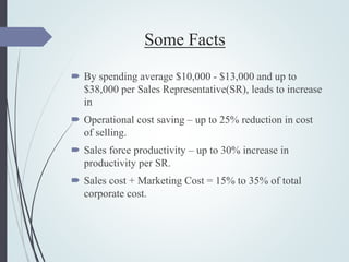 Some Facts
 By spending average $10,000 - $13,000 and up to
$38,000 per Sales Representative(SR), leads to increase
in
 Operational cost saving – up to 25% reduction in cost
of selling.
 Sales force productivity – up to 30% increase in
productivity per SR.
 Sales cost + Marketing Cost = 15% to 35% of total
corporate cost.
 