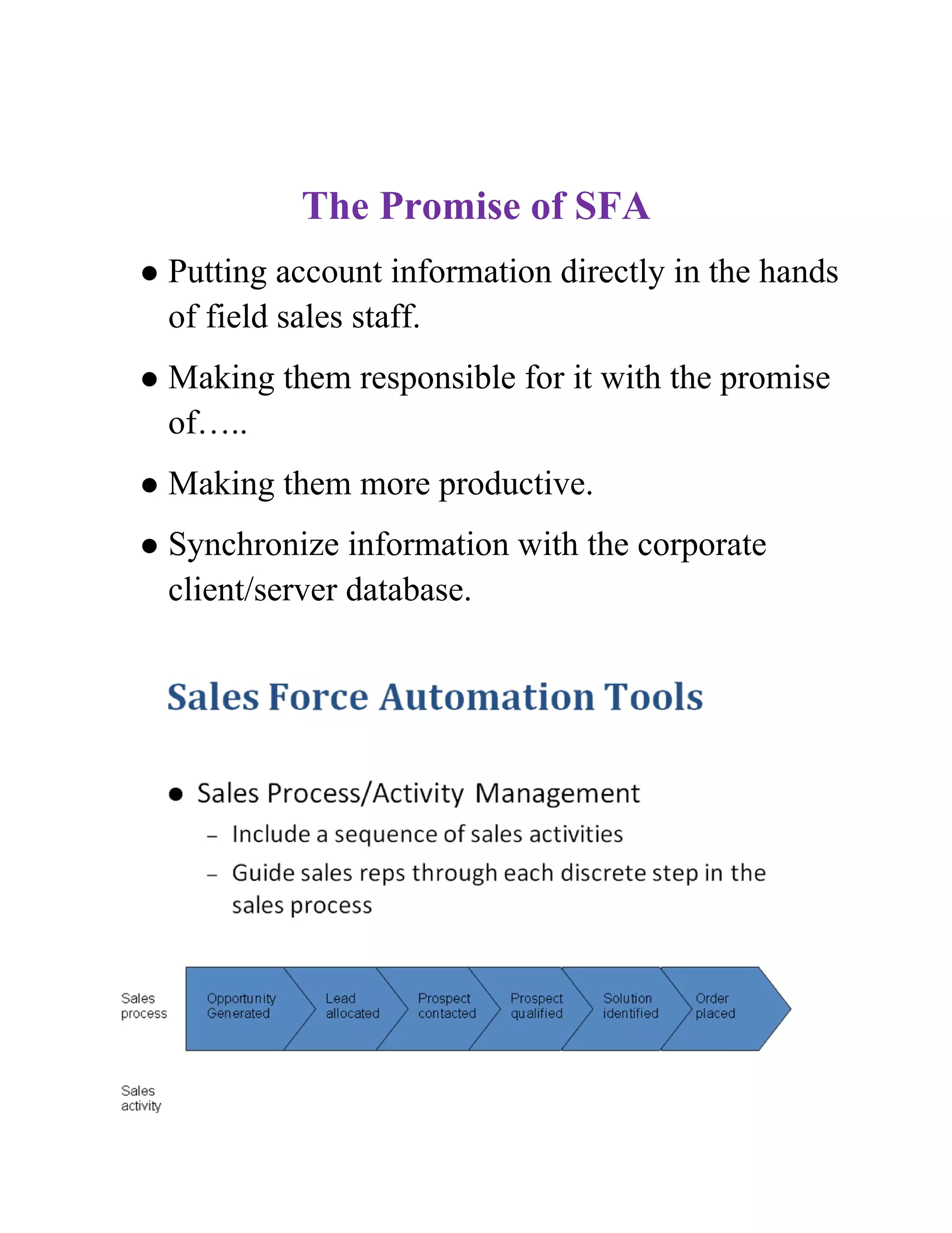 The Promise of SFA
   Putting account information directly in the hands
    of field sales staff.
   Making them responsible for it with the promise
    of…..
   Making them more productive.
   Synchronize information with the corporate
    client/server database.
 