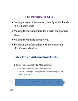 The Promise of SFA
   Putting account information directly in the hands
    of field sales staff.
   Making them responsible for it with the promise
    of…..
   Making them more productive.
   Synchronize information with the corporate
    client/server database.
 