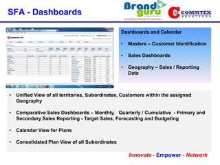 SFA - Dashboards

                                                 Dashboards and Calendar

                                                 •   Masters – Customer Identification

                                                 •   Sales Dashboards

                                                 •   Geography – Sales / Reporting
                                                     Data



•   Unified View of all territories, Subordinates, Customers within the assigned
    Geography

•   Comparative Sales Dashboards – Monthly, Quarterly / Cumulative - Primary and
    Secondary Sales Reporting - Target Sales, Forecasting and Budgeting

•   Calendar View for Plans

•   Consolidated Plan View of all Subordinates

                                                     Innovate - Empower - Network
 