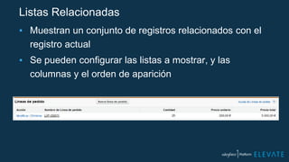 Listas Relacionadas
▪ Muestran un conjunto de registros relacionados con el
registro actual
▪ Se pueden configurar las listas a mostrar, y las
columnas y el orden de aparición
 