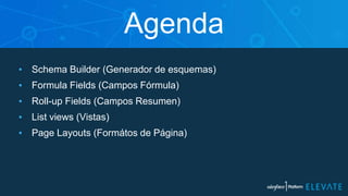 ▪ Schema Builder (Generador de esquemas)
▪ Formula Fields (Campos Fórmula)
▪ Roll-up Fields (Campos Resumen)
▪ List views (Vistas)
▪ Page Layouts (Formátos de Página)
Agenda
 
