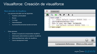 Visualforce: Creación de visualforce
Menú del editor de Visualforce
 Las opciones del editor son las siguientes:
– Guardar y previsualizar
– Buscar
– Ir a línea
– Hacer/Deshacer
– Aumentar/Decrementar tamaño de fuente
 Otras opciones:
– Enlace a la ayuda de componentes visualforce
– Información sobre donde es usada la visualforce
– Minimizar/Maximizar editor de visualforce
– Cerrar development mode
 