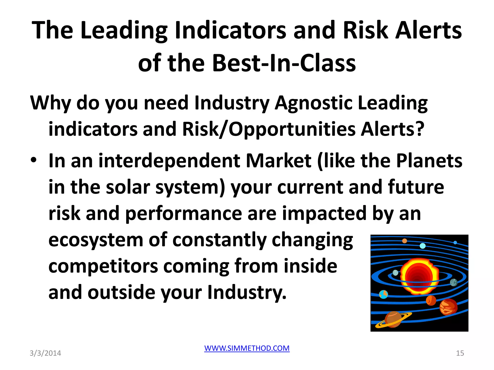 The Leading Indicators and Risk Alerts
of the Best-In-Class
Why do you need Industry Agnostic Leading
indicators and Risk/Opportunities Alerts?
• In an interdependent Market (like the Planets
in the solar system) your current and future
risk and performance are impacted by an
ecosystem of constantly changing
competitors coming from inside
and outside your Industry.
3/3/2014

WWW.SIMMETHOD.COM

15

 