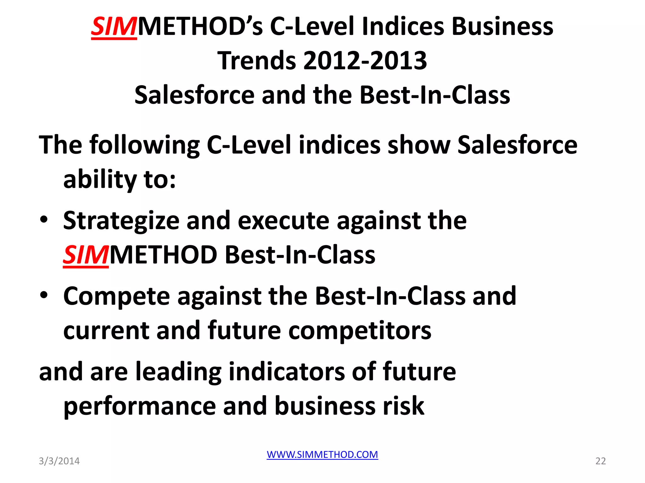 SIMMETHOD’s C-Level Indices Business
Trends 2012-2013
Salesforce and the Best-In-Class

The following C-Level indices show Salesforce
ability to:
• Strategize and execute against the
SIMMETHOD Best-In-Class
• Compete against the Best-In-Class and
current and future competitors
and are leading indicators of future
performance and business risk
3/3/2014

WWW.SIMMETHOD.COM

22

 