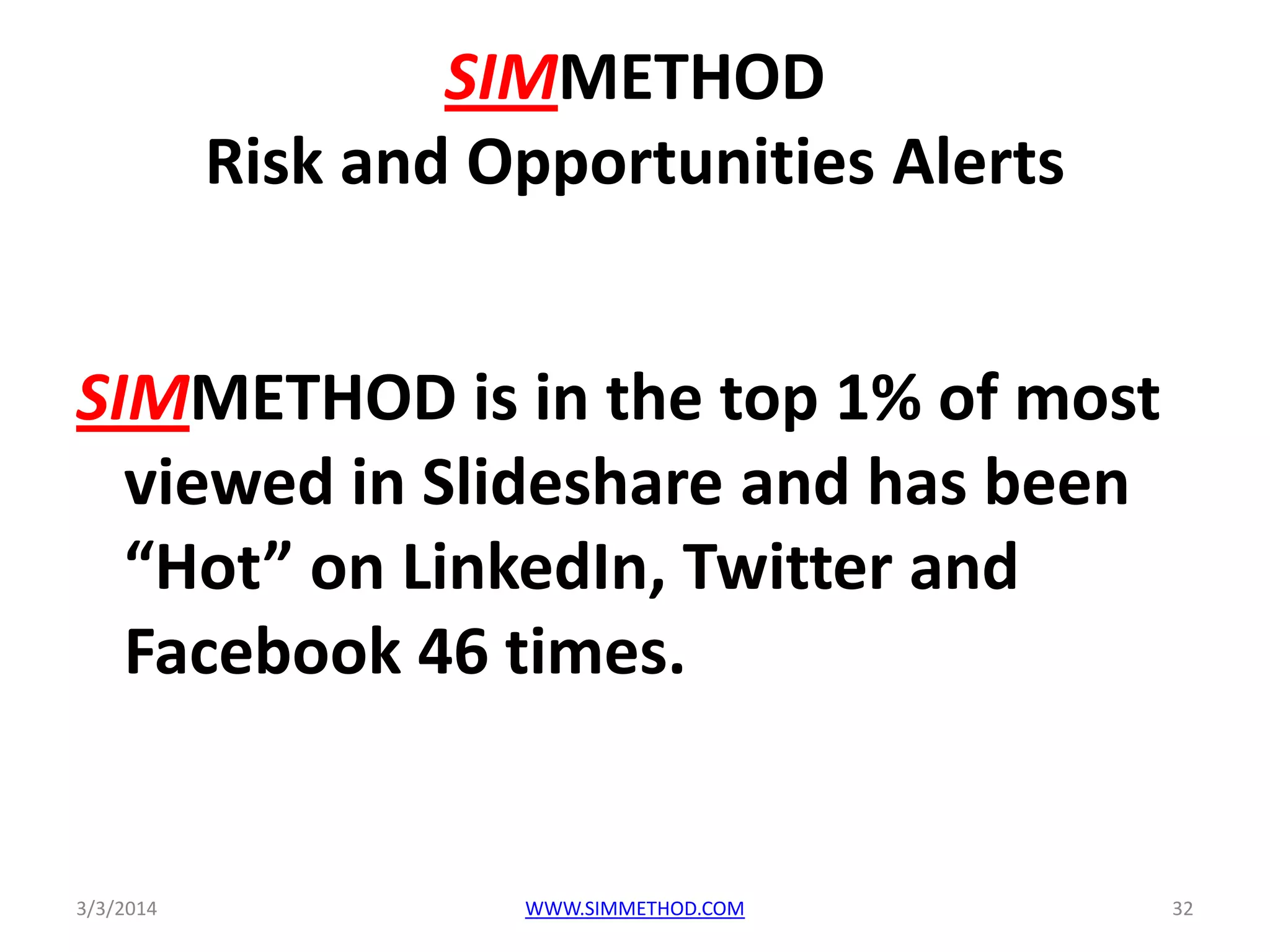 SIMMETHOD
Risk and Opportunities Alerts
SIMMETHOD is in the top 1% of most
viewed in Slideshare and has been
“Hot” on LinkedIn, Twitter and
Facebook 46 times.

3/3/2014

WWW.SIMMETHOD.COM

32

 
