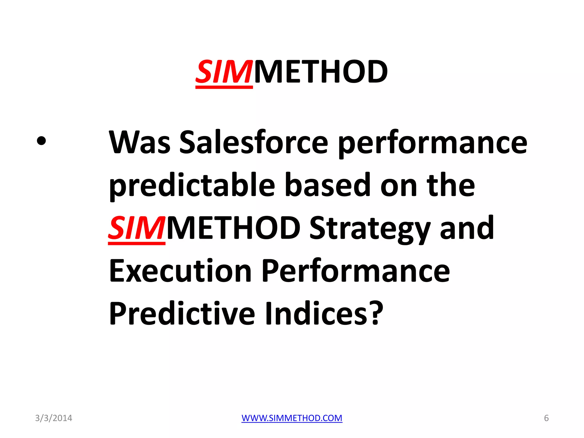 SIMMETHOD

•

3/3/2014

Was Salesforce performance
predictable based on the
SIMMETHOD Strategy and
Execution Performance
Predictive Indices?
WWW.SIMMETHOD.COM

6

 