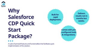 Why
Salesforce
CDP Quick
Start
Package?
Built for
rapid
deployment.
A suiteof pre-built features andfunctionalities that facilitates quick
implementation of the solution.
Comes with pre-
configured tools
& integrations.
Delivers
results not in
months but
weeks.
 