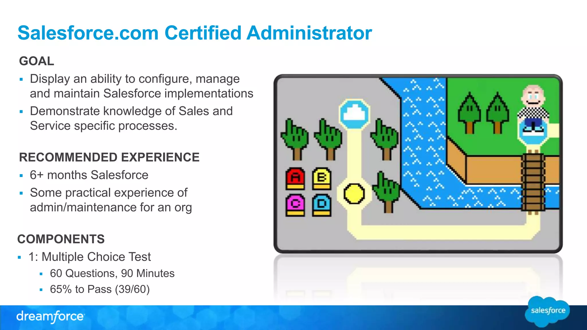 Salesforce.com Certified Administrator 
GOAL 
 Display an ability to configure, manage 
and maintain Salesforce implementations 
 Demonstrate knowledge of Sales and 
Service specific processes. 
RECOMMENDED EXPERIENCE 
 6+ months Salesforce 
 Some practical experience of 
admin/maintenance for an org 
COMPONENTS 
 1: Multiple Choice Test 
 60 Questions, 90 Minutes 
 65% to Pass (39/60) 
 