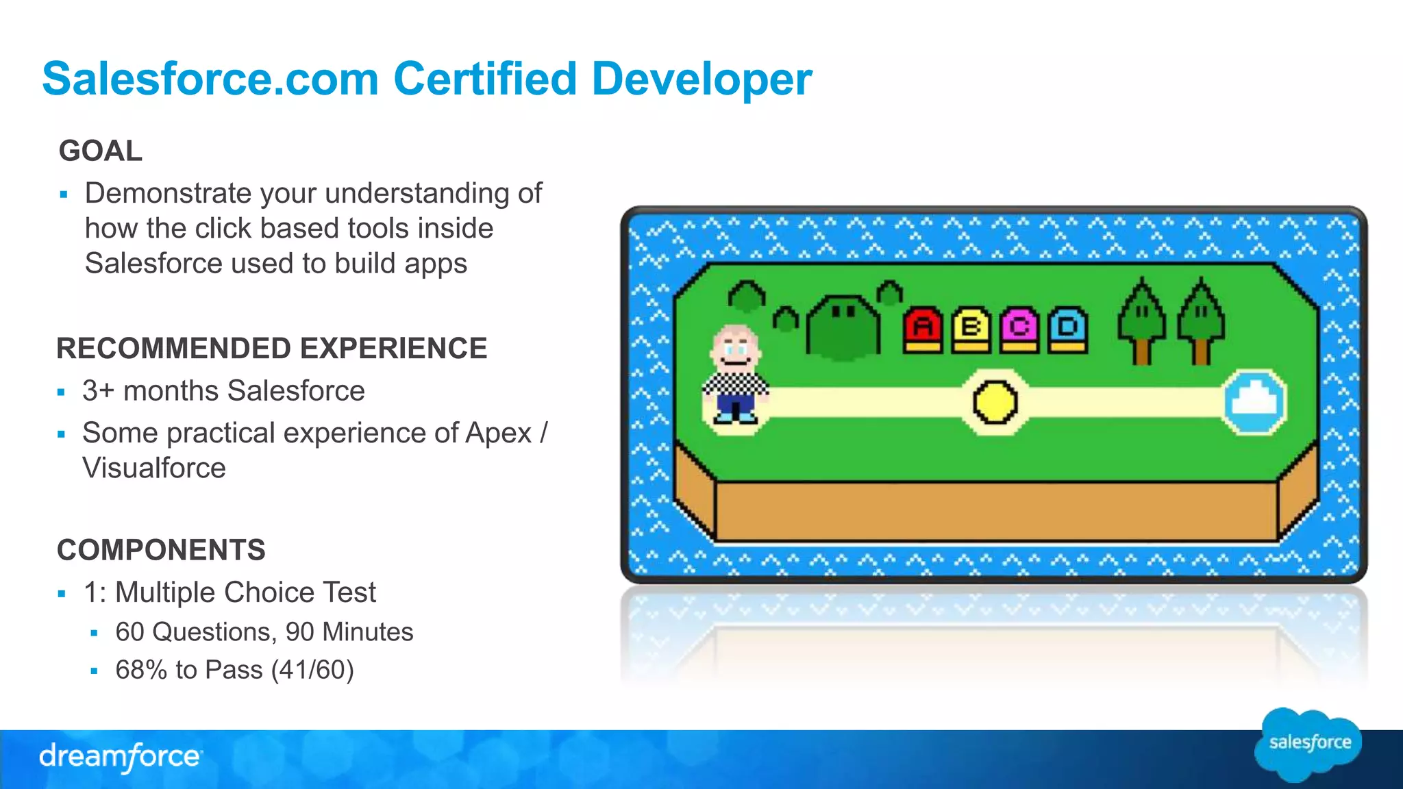 Salesforce.com Certified Developer 
GOAL 
 Demonstrate your understanding of 
how the click based tools inside 
Salesforce used to build apps 
RECOMMENDED EXPERIENCE 
 3+ months Salesforce 
 Some practical experience of Apex / 
Visualforce 
COMPONENTS 
 1: Multiple Choice Test 
 60 Questions, 90 Minutes 
 68% to Pass (41/60) 
 