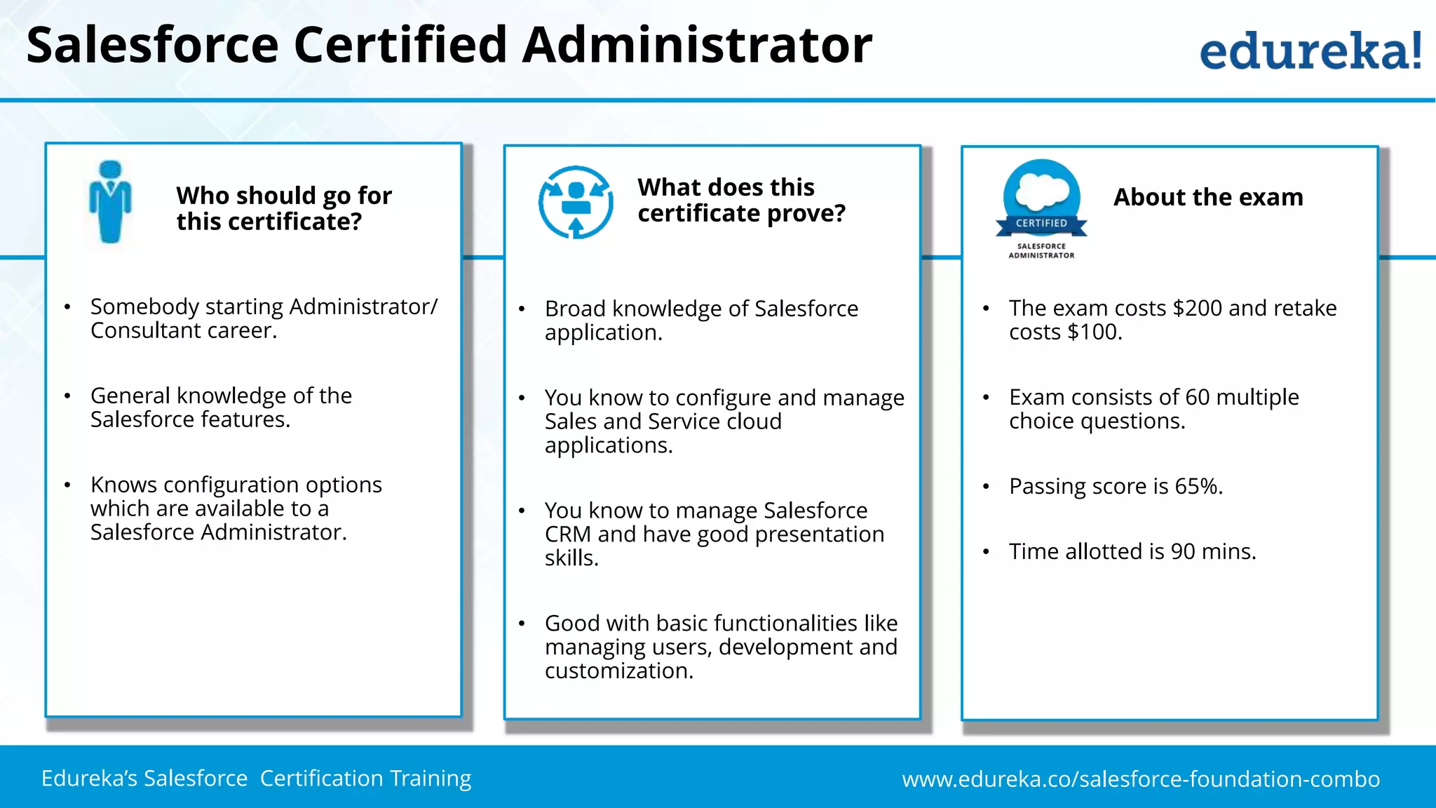 www.edureka.co/salesforce-foundation-comboEdureka’s Salesforce Certification Training
Salesforce Certified Administrator
Who should go for
this certificate?
• Somebody starting Administrator/
Consultant career.
• General knowledge of the
Salesforce features.
• Knows configuration options
which are available to a
Salesforce Administrator.
• Broad knowledge of Salesforce
application.
• You know to configure and manage
Sales and Service cloud
applications.
• You know to manage Salesforce
CRM and have good presentation
skills.
• Good with basic functionalities like
managing users, development and
customization..
What does this
certificate prove?
About the exam
• The exam costs $200 and retake
costs $100.
• Exam consists of 60 multiple
choice questions.
• Passing score is 65%.
• Time allotted is 90 mins.
 