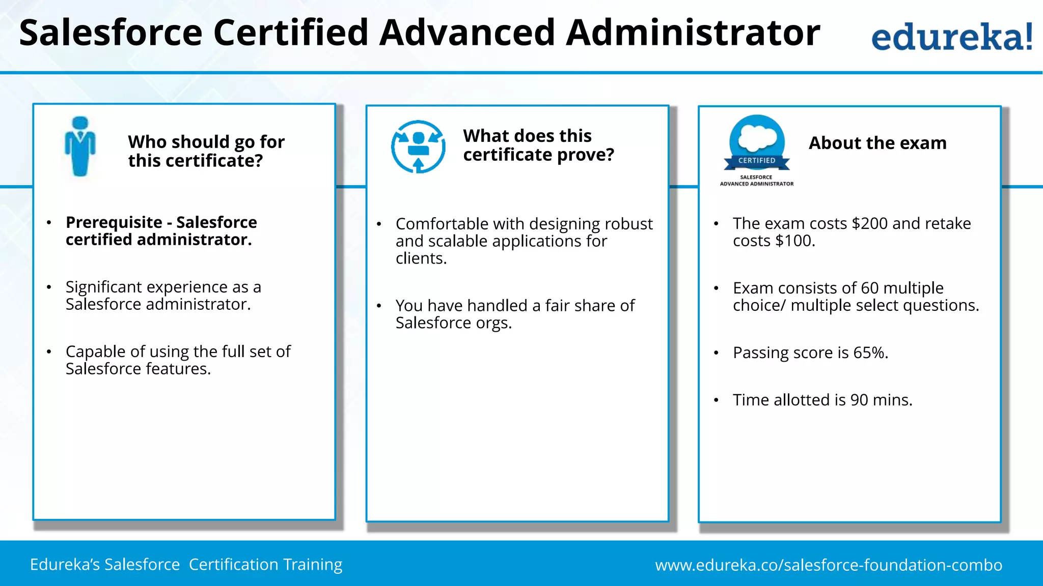 www.edureka.co/salesforce-foundation-comboEdureka’s Salesforce Certification Training
Salesforce Certified Advanced Administrator
Who should go for
this certificate?
• Prerequisite - Salesforce
certified administrator.
• Significant experience as a
Salesforce administrator.
• Capable of using the full set of
Salesforce features.
• Comfortable with designing robust
and scalable applications for
clients.
• You have handled a fair share of
Salesforce orgs.
What does this
certificate prove?
About the exam
• The exam costs $200 and retake
costs $100.
• Exam consists of 60 multiple
choice/ multiple select questions.
• Passing score is 65%.
• Time allotted is 90 mins.
 