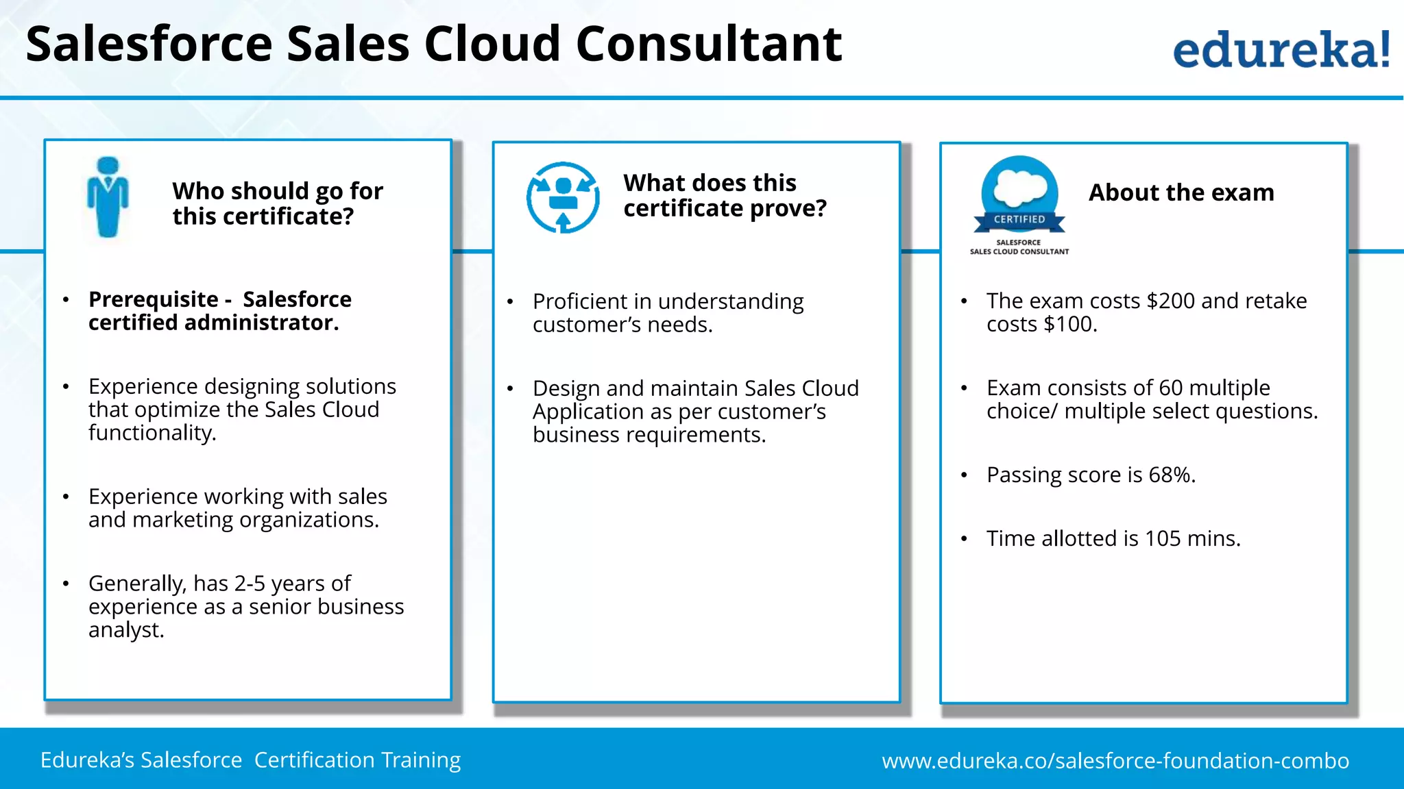 www.edureka.co/salesforce-foundation-comboEdureka’s Salesforce Certification Training
Salesforce Sales Cloud Consultant
Who should go for
this certificate?
• Prerequisite - Salesforce
certified administrator.
• Experience designing solutions
that optimize the Sales Cloud
functionality.
• Experience working with sales
and marketing organizations.
• Generally, has 2-5 years of
experience as a senior business
analyst.
• Proficient in understanding
customer’s needs.
• Design and maintain Sales Cloud
Application as per customer’s
business requirements.
What does this
certificate prove?
About the exam
• The exam costs $200 and retake
costs $100.
• Exam consists of 60 multiple
choice/ multiple select questions.
• Passing score is 68%.
• Time allotted is 105 mins.
 