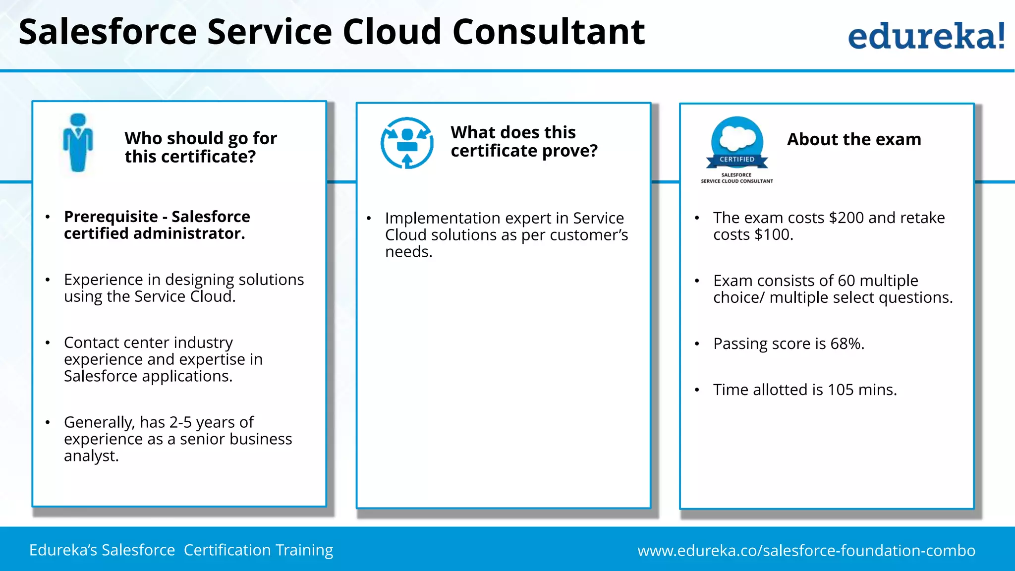 www.edureka.co/salesforce-foundation-comboEdureka’s Salesforce Certification Training
Salesforce Service Cloud Consultant
Who should go for
this certificate?
• Prerequisite - Salesforce
certified administrator.
• Experience in designing solutions
using the Service Cloud.
• Contact center industry
experience and expertise in
Salesforce applications.
• Generally, has 2-5 years of
experience as a senior business
analyst.
• Implementation expert in Service
Cloud solutions as per customer’s
needs.
What does this
certificate prove?
About the exam
• The exam costs $200 and retake
costs $100.
• Exam consists of 60 multiple
choice/ multiple select questions.
• Passing score is 68%.
• Time allotted is 105 mins.
 