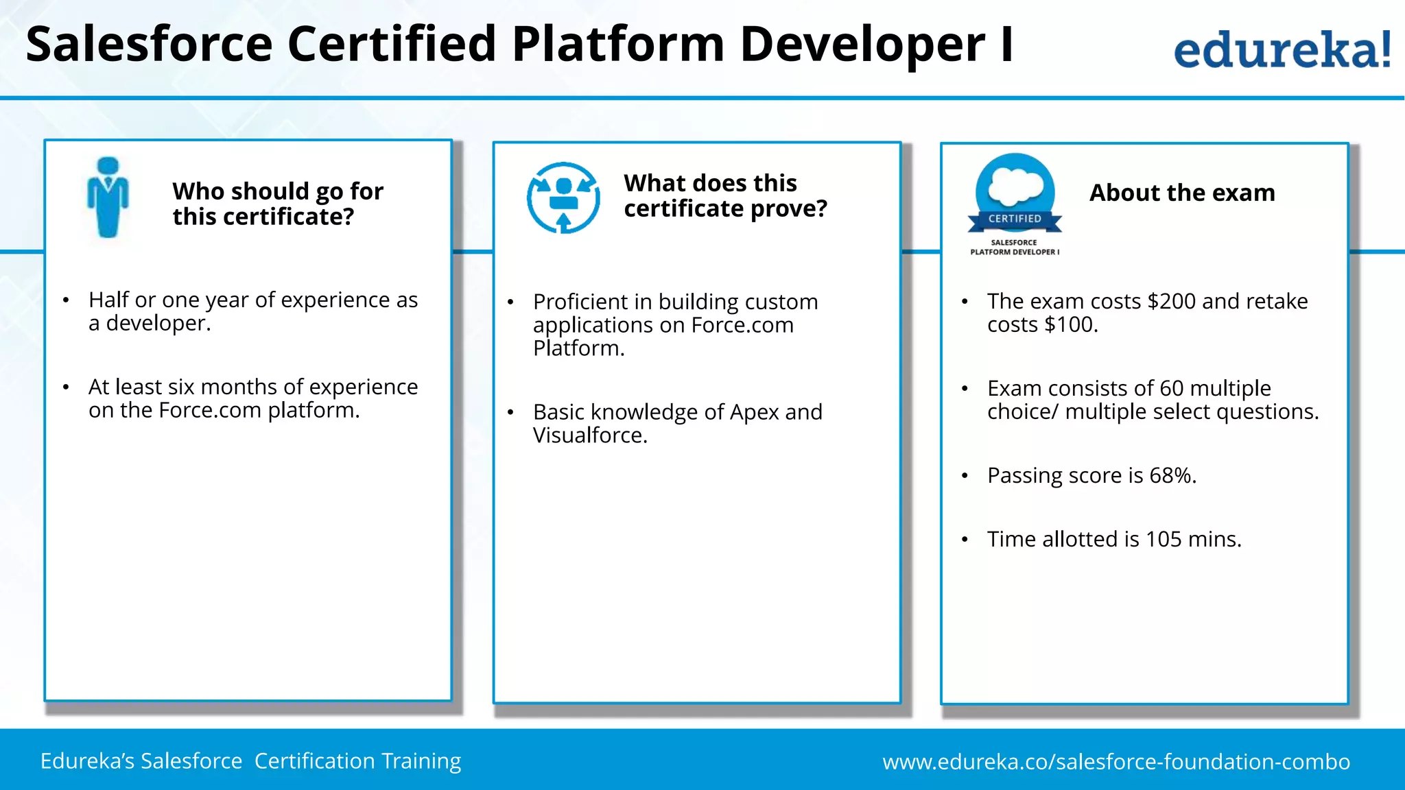 www.edureka.co/salesforce-foundation-comboEdureka’s Salesforce Certification Training
Salesforce Certified Platform Developer I
Who should go for
this certificate?
• Half or one year of experience as
a developer.
• At least six months of experience
on the Force.com platform.
• Proficient in building custom
applications on Force.com
Platform.
• Basic knowledge of Apex and
Visualforce.
What does this
certificate prove?
About the exam
• The exam costs $200 and retake
costs $100.
• Exam consists of 60 multiple
choice/ multiple select questions.
• Passing score is 68%.
• Time allotted is 105 mins.
 