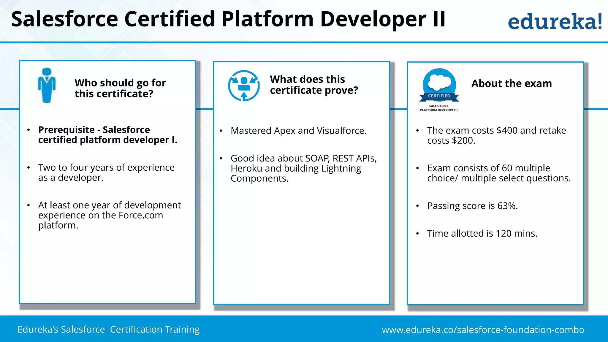 www.edureka.co/salesforce-foundation-comboEdureka’s Salesforce Certification Training
Salesforce Certified Platform Developer II
Who should go for
this certificate?
• Prerequisite - Salesforce
certified platform developer I.
• Two to four years of experience
as a developer.
• At least one year of development
experience on the Force.com
platform.
• Mastered Apex and Visualforce.
• Good idea about SOAP, REST APIs,
Heroku and building Lightning
Components.
What does this
certificate prove?
About the exam
• The exam costs $400 and retake
costs $200.
• Exam consists of 60 multiple
choice/ multiple select questions.
• Passing score is 63%.
• Time allotted is 120 mins.
 