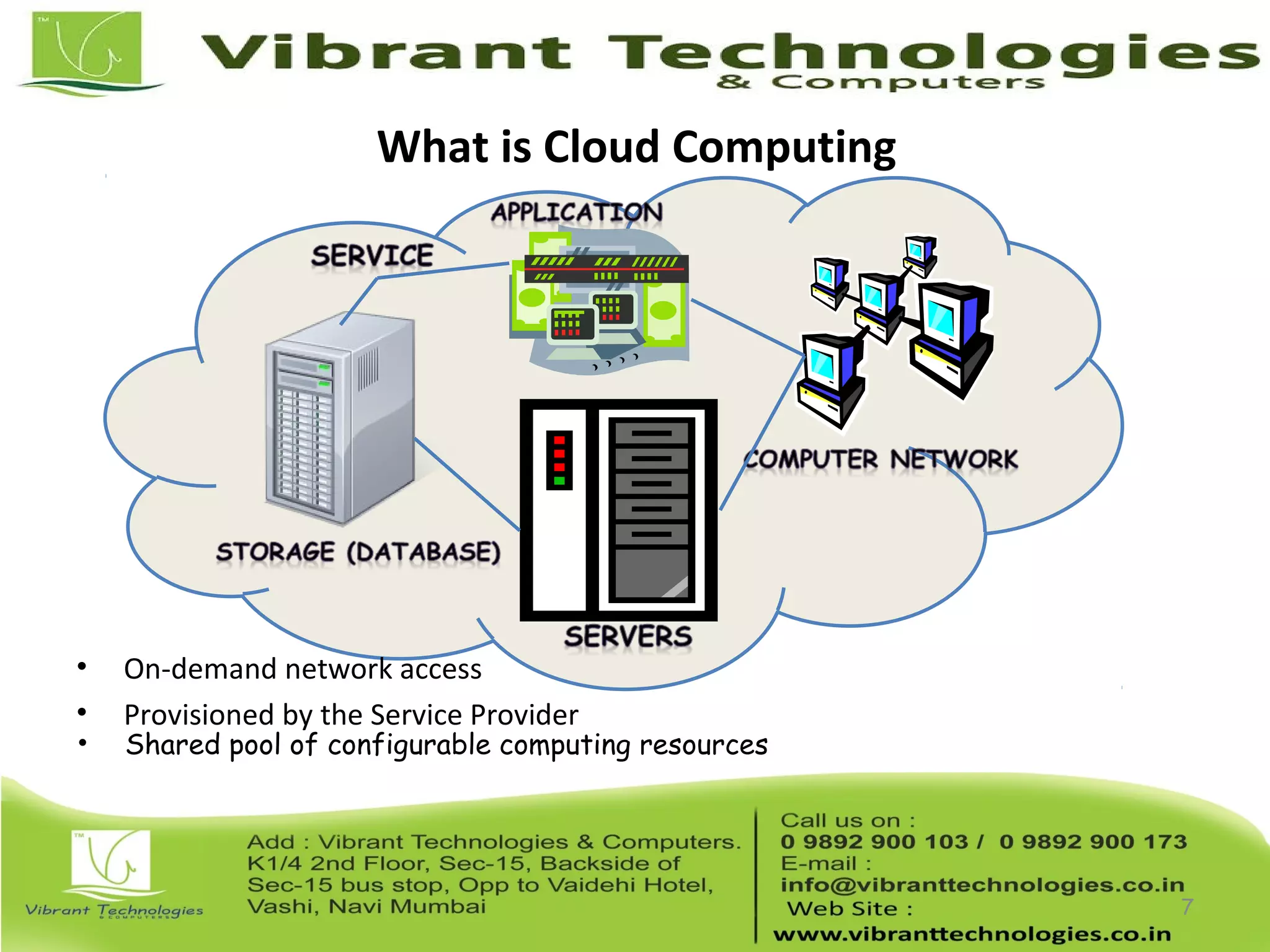 What is Cloud Computing
• On-demand network access
• Provisioned by the Service Provider
7
• Shared pool of configurable computing resources
 