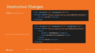 Destructive Changes
Empty package.xml
destructiveChanges.xml
sfdx force:mdapi:deploy -d destroy