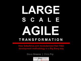 LARGE
S C A L E
AGILET R A N S F O R M A T I O N
Steve Greene | Chris Fry
How Salesforce.com revolutionized their R&D
development methodology in a Big Bang way
 
