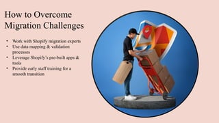 How to Overcome
Migration Challenges
• Work with Shopify migration experts
• Use data mapping & validation
processes
• Leverage Shopify’s pre-built apps &
tools
• Provide early staff training for a
smooth transition
 