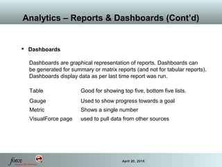 40 April 20, 2015
Analytics – Reports & Dashboards (Cont’d)
 Dashboards
Dashboards are graphical representation of reports. Dashboards can
be generated for summary or matrix reports (and not for tabular reports).
Dashboards display data as per last time report was run.
Table Good for showing top five, bottom five lists.
Gauge Used to show progress towards a goal
Metric Shows a single number
VisualForce page used to pull data from other sources
 