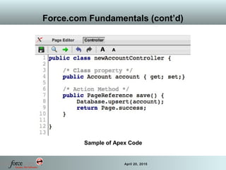 47 April 20, 2015
Force.com Fundamentals (cont’d)
Sample of Apex Code
 
