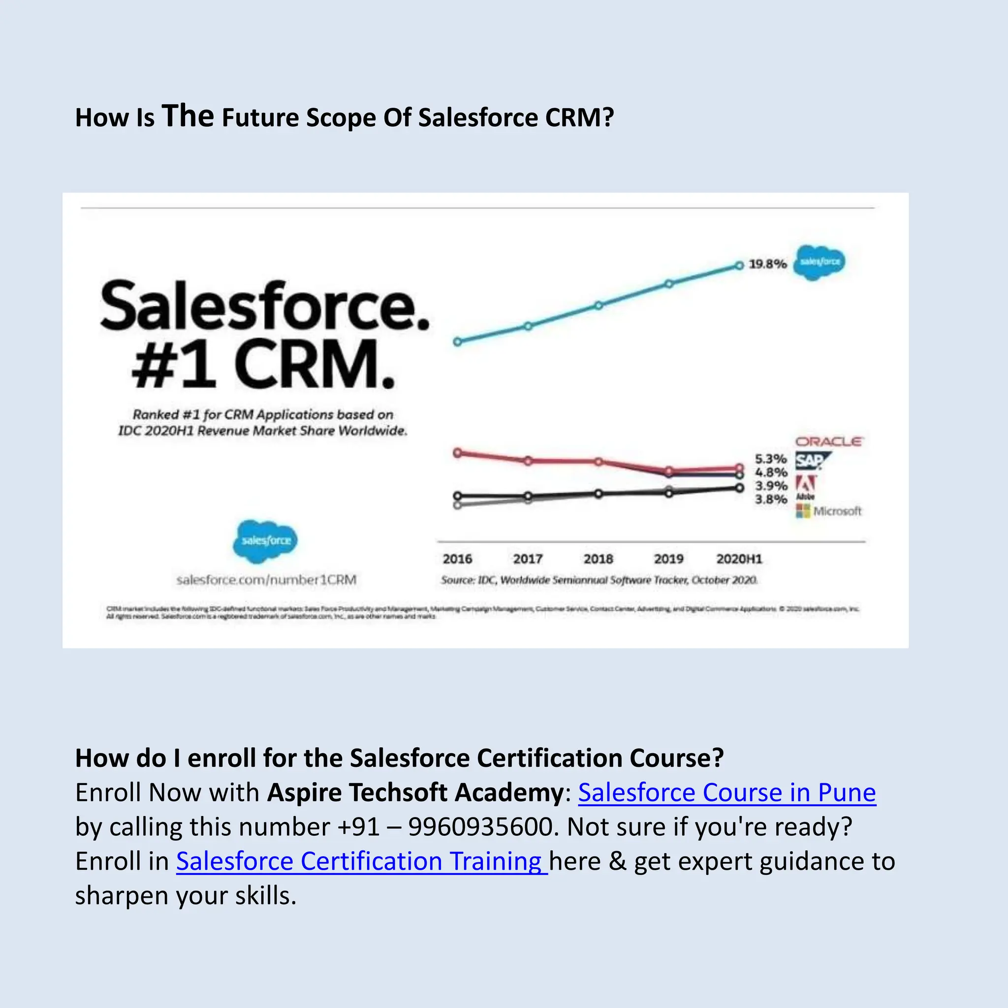 How Is The Future Scope Of Salesforce CRM?
How do I enroll for the Salesforce Certification Course?
Enroll Now with Aspire Techsoft Academy: Salesforce Course in Pune
by calling this number +91 – 9960935600. Not sure if you're ready?
Enroll in Salesforce Certification Training here & get expert guidance to
sharpen your skills.
 
