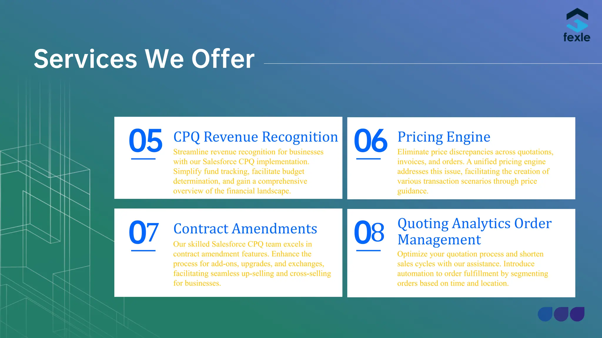 Services We Offer
CPQ Revenue Recognition
Streamline revenue recognition for businesses
with our Salesforce CPQ implementation.
Simplify fund tracking, facilitate budget
determination, and gain a comprehensive
overview of the financial landscape.
05 Pricing Engine
Eliminate price discrepancies across quotations,
invoices, and orders. A unified pricing engine
addresses this issue, facilitating the creation of
various transaction scenarios through price
guidance.
06
Contract Amendments
Our skilled Salesforce CPQ team excels in
contract amendment features. Enhance the
process for add-ons, upgrades, and exchanges,
facilitating seamless up-selling and cross-selling
for businesses.
07 Quoting Analytics Order
Management
Optimize your quotation process and shorten
sales cycles with our assistance. Introduce
automation to order fulfillment by segmenting
orders based on time and location.
08
 