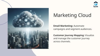 Marketing Cloud
Email Marketing: Automate
campaigns and segment audiences.
Customer Journey Mapping: Visualize
and manage the customer journey
across channels.
 