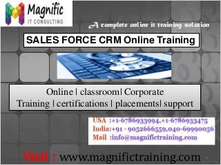 A complete online it training solution
1
Online | classroom| Corporate
Training | certifications | placements| support
Visit : www.magnifictraining.com
SALES FORCE CRM Online Training
 