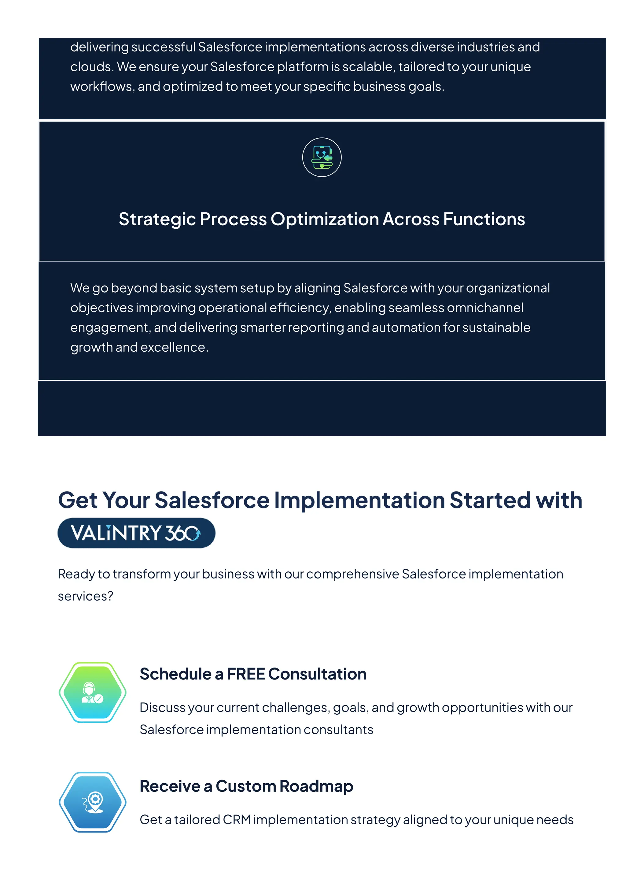 deliveringsuccessfulSalesforceimplementationsacrossdiverseindustriesand
clouds.WeensureyourSalesforceplatformisscalable,tailoredtoyourunique
workflows,andoptimizedtomeetyourspecificbusinessgoals.
StrategicProcessOptimizationAcrossFunctions
WegobeyondbasicsystemsetupbyaligningSalesforcewithyourorganizational
objectivesimprovingoperationalefficiency,enablingseamlessomnichannel
engagement,anddeliveringsmarterreportingandautomationforsustainable
growthandexcellence.
GetYourSalesforceImplementationStartedwith
ReadytotransformyourbusinesswithourcomprehensiveSalesforceimplementation
services?
ScheduleaFREEConsultation
Discussyourcurrentchallenges,goals,andgrowthopportunitieswithour
Salesforceimplementationconsultants
ReceiveaCustomRoadmap
GetatailoredCRMimplementationstrategyalignedtoyouruniqueneeds
 