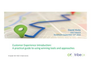 ©	
  Copyright	
  	
  2016	
  	
  TribeCX .	
  All	
  rights	
  reserved.
David	
  Hicks
CEO	
  TribeCX
Stockholm	
  September	
  15th 2016
Customer	
  Experience	
  Introduction:	
  
A	
  practical	
  guide	
  to	
  using	
  winning	
  tools	
  and	
  approaches
 