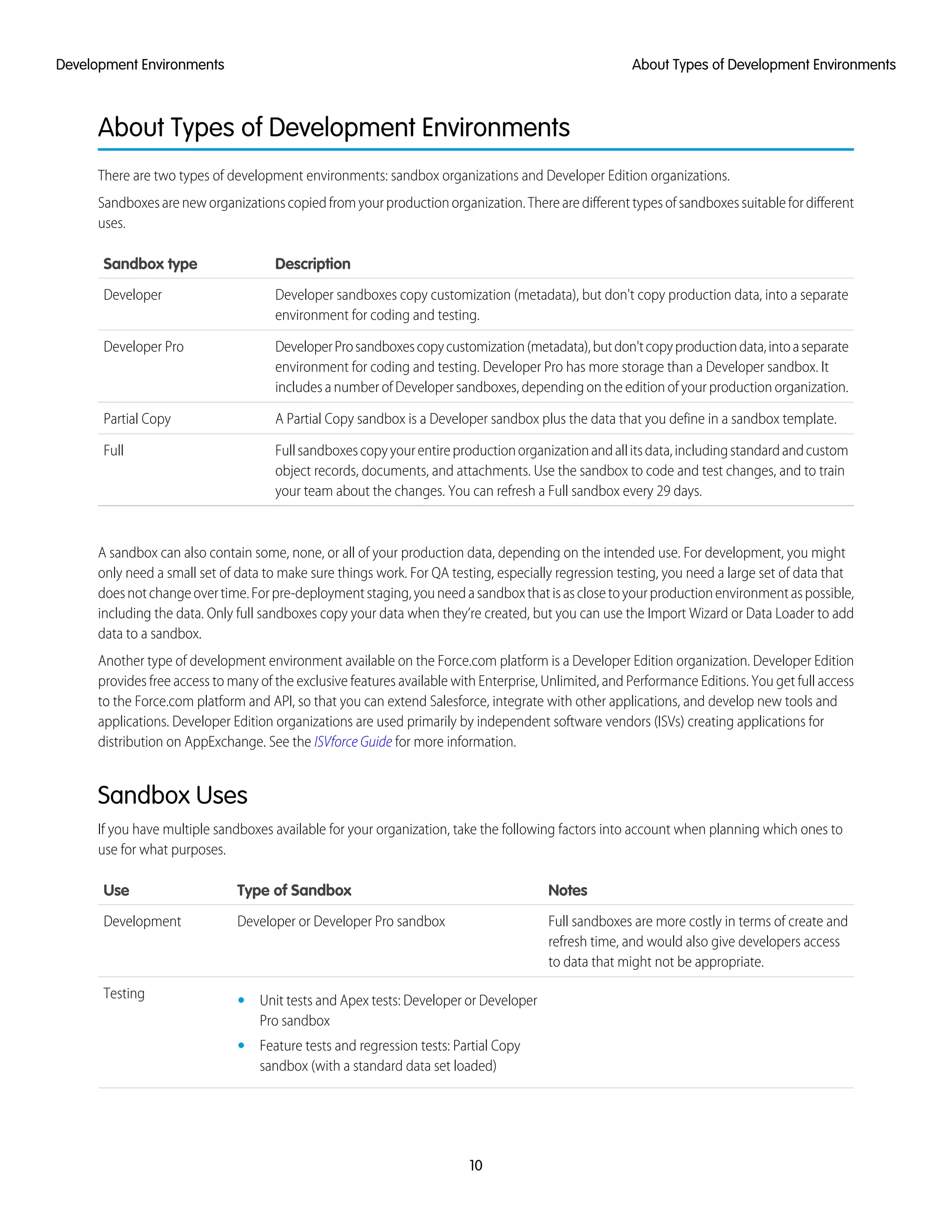 About Types of Development Environments
There are two types of development environments: sandbox organizations and Developer Edition organizations.
Sandboxes are new organizations copied from your production organization. There are different types of sandboxes suitable for different
uses.
DescriptionSandbox type
Developer sandboxes copy customization (metadata), but don't copy production data, into a separate
environment for coding and testing.
Developer
DeveloperProsandboxescopycustomization(metadata),butdon'tcopyproductiondata,intoaseparate
environment for coding and testing. Developer Pro has more storage than a Developer sandbox. It
includes a number of Developer sandboxes, depending on the edition of your production organization.
Developer Pro
A Partial Copy sandbox is a Developer sandbox plus the data that you define in a sandbox template.Partial Copy
Fullsandboxescopyyourentireproductionorganizationandallitsdata,includingstandardandcustom
object records, documents, and attachments. Use the sandbox to code and test changes, and to train
your team about the changes. You can refresh a Full sandbox every 29 days.
Full
A sandbox can also contain some, none, or all of your production data, depending on the intended use. For development, you might
only need a small set of data to make sure things work. For QA testing, especially regression testing, you need a large set of data that
doesnotchangeovertime.Forpre-deploymentstaging,youneedasandboxthatisasclosetoyourproductionenvironmentaspossible,
including the data. Only full sandboxes copy your data when they’re created, but you can use the Import Wizard or Data Loader to add
data to a sandbox.
Another type of development environment available on the Force.com platform is a Developer Edition organization. Developer Edition
provides free access to many of the exclusive features available with Enterprise, Unlimited, and Performance Editions. You get full access
to the Force.com platform and API, so that you can extend Salesforce, integrate with other applications, and develop new tools and
applications. Developer Edition organizations are used primarily by independent software vendors (ISVs) creating applications for
distribution on AppExchange. See the ISVforce Guide for more information.
Sandbox Uses
If you have multiple sandboxes available for your organization, take the following factors into account when planning which ones to
use for what purposes.
NotesType of SandboxUse
Full sandboxes are more costly in terms of create and
refresh time, and would also give developers access
to data that might not be appropriate.
Developer or Developer Pro sandboxDevelopment
Testing • Unit tests and Apex tests: Developer or Developer
Pro sandbox
• Feature tests and regression tests: Partial Copy
sandbox (with a standard data set loaded)
10
About Types of Development EnvironmentsDevelopment Environments
 