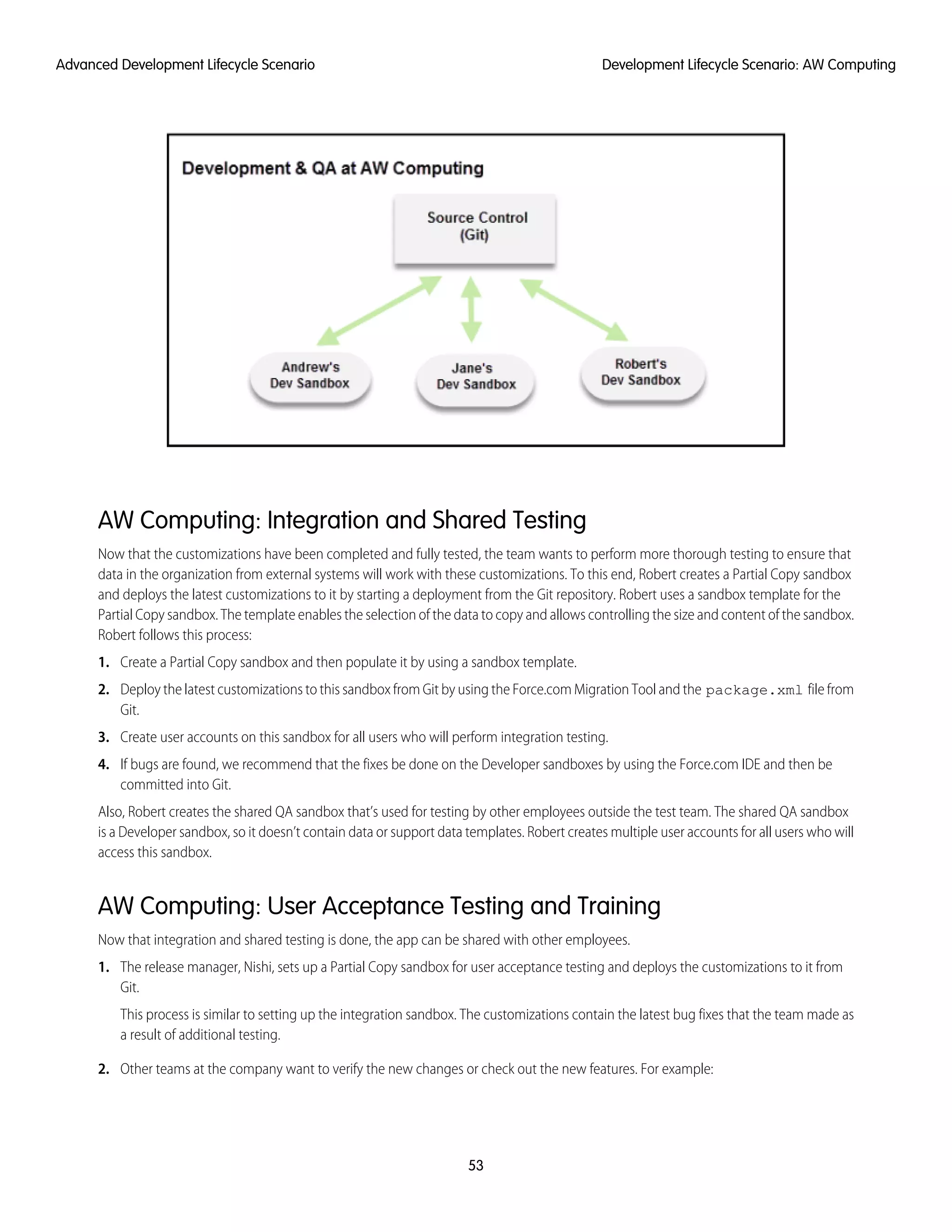 AW Computing: Integration and Shared Testing
Now that the customizations have been completed and fully tested, the team wants to perform more thorough testing to ensure that
data in the organization from external systems will work with these customizations. To this end, Robert creates a Partial Copy sandbox
and deploys the latest customizations to it by starting a deployment from the Git repository. Robert uses a sandbox template for the
Partial Copy sandbox. The template enables the selection of the data to copy and allows controlling the size and content of the sandbox.
Robert follows this process:
1. Create a Partial Copy sandbox and then populate it by using a sandbox template.
2. Deploy the latest customizations to this sandbox from Git by using the Force.com Migration Tool and the package.xml file from
Git.
3. Create user accounts on this sandbox for all users who will perform integration testing.
4. If bugs are found, we recommend that the fixes be done on the Developer sandboxes by using the Force.com IDE and then be
committed into Git.
Also, Robert creates the shared QA sandbox that’s used for testing by other employees outside the test team. The shared QA sandbox
is a Developer sandbox, so it doesn’t contain data or support data templates. Robert creates multiple user accounts for all users who will
access this sandbox.
AW Computing: User Acceptance Testing and Training
Now that integration and shared testing is done, the app can be shared with other employees.
1. The release manager, Nishi, sets up a Partial Copy sandbox for user acceptance testing and deploys the customizations to it from
Git.
This process is similar to setting up the integration sandbox. The customizations contain the latest bug fixes that the team made as
a result of additional testing.
2. Other teams at the company want to verify the new changes or check out the new features. For example:
53
Development Lifecycle Scenario: AW ComputingAdvanced Development Lifecycle Scenario
 