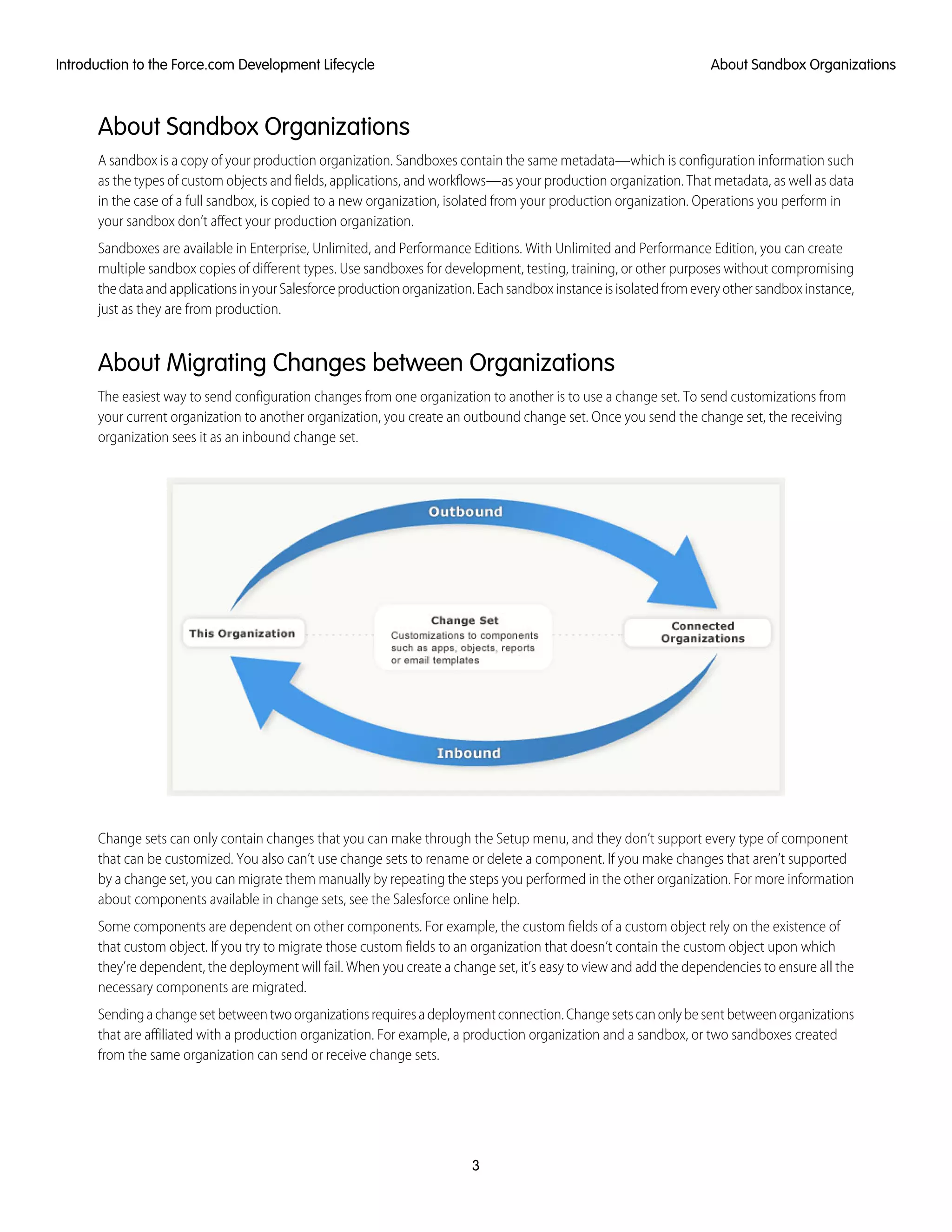 About Sandbox Organizations
A sandbox is a copy of your production organization. Sandboxes contain the same metadata—which is configuration information such
as the types of custom objects and fields, applications, and workflows—as your production organization. That metadata, as well as data
in the case of a full sandbox, is copied to a new organization, isolated from your production organization. Operations you perform in
your sandbox don’t affect your production organization.
Sandboxes are available in Enterprise, Unlimited, and Performance Editions. With Unlimited and Performance Edition, you can create
multiple sandbox copies of different types. Use sandboxes for development, testing, training, or other purposes without compromising
thedataandapplicationsinyourSalesforceproductionorganization.Eachsandboxinstanceisisolatedfromeveryothersandboxinstance,
just as they are from production.
About Migrating Changes between Organizations
The easiest way to send configuration changes from one organization to another is to use a change set. To send customizations from
your current organization to another organization, you create an outbound change set. Once you send the change set, the receiving
organization sees it as an inbound change set.
Change sets can only contain changes that you can make through the Setup menu, and they don’t support every type of component
that can be customized. You also can’t use change sets to rename or delete a component. If you make changes that aren’t supported
by a change set, you can migrate them manually by repeating the steps you performed in the other organization. For more information
about components available in change sets, see the Salesforce online help.
Some components are dependent on other components. For example, the custom fields of a custom object rely on the existence of
that custom object. If you try to migrate those custom fields to an organization that doesn’t contain the custom object upon which
they’re dependent, the deployment will fail. When you create a change set, it’s easy to view and add the dependencies to ensure all the
necessary components are migrated.
Sendingachangesetbetweentwoorganizationsrequiresadeploymentconnection.Changesetscanonlybesentbetweenorganizations
that are affiliated with a production organization. For example, a production organization and a sandbox, or two sandboxes created
from the same organization can send or receive change sets.
3
About Sandbox OrganizationsIntroduction to the Force.com Development Lifecycle
 