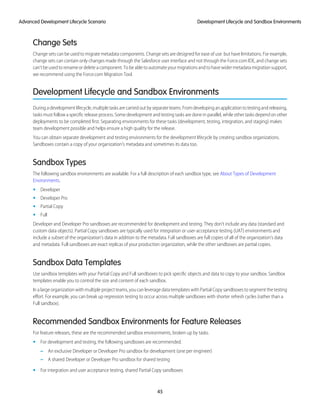 Change Sets
Change sets can be used to migrate metadata components. Change sets are designed for ease of use but have limitations. For example,
change sets can contain only changes made through the Salesforce user interface and not through the Force.com IDE, and change sets
can’t be used to rename or delete a component. To be able to automate your migrations and to have wider metadata migration support,
we recommend using the Force.com Migration Tool.
Development Lifecycle and Sandbox Environments
Duringadevelopmentlifecycle,multipletasksarecarriedoutbyseparateteams.Fromdevelopinganapplicationtotestingandreleasing,
tasks must follow a specific release process. Some development and testing tasks are done in parallel, while other tasks depend on other
deployments to be completed first. Separating environments for these tasks (development, testing, integration, and staging) makes
team development possible and helps ensure a high quality for the release.
You can obtain separate development and testing environments for the development lifecycle by creating sandbox organizations.
Sandboxes contain a copy of your organization’s metadata and sometimes its data too.
Sandbox Types
The following sandbox environments are available. For a full description of each sandbox type, see About Types of Development
Environments.
• Developer
• Developer Pro
• Partial Copy
• Full
Developer and Developer Pro sandboxes are recommended for development and testing. They don’t include any data (standard and
custom data objects). Partial Copy sandboxes are typically used for integration or user-acceptance testing (UAT) environments and
include a subset of the organization’s data in addition to the metadata. Full sandboxes are full copies of all of the organization’s data
and metadata. Full sandboxes are exact replicas of your production organization, while the other sandboxes are partial copies.
Sandbox Data Templates
Use sandbox templates with your Partial Copy and Full sandboxes to pick specific objects and data to copy to your sandbox. Sandbox
templates enable you to control the size and content of each sandbox.
In a large organization with multiple project teams, you can leverage data templates with Partial Copy sandboxes to segment the testing
effort. For example, you can break up regression testing to occur across multiple sandboxes with shorter refresh cycles (rather than a
Full sandbox).
Recommended Sandbox Environments for Feature Releases
For feature releases, these are the recommended sandbox environments, broken up by tasks.
• For development and testing, the following sandboxes are recommended.
– An exclusive Developer or Developer Pro sandbox for development (one per engineer)
– A shared Developer or Developer Pro sandbox for shared testing
• For integration and user acceptance testing, shared Partial Copy sandboxes
45
Development Lifecycle and Sandbox EnvironmentsAdvanced Development Lifecycle Scenario
 