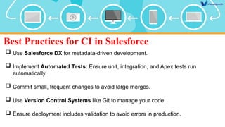 Best Practices for CI in Salesforce
 Use Salesforce DX for metadata-driven development.
 Implement Automated Tests: Ensure unit, integration, and Apex tests run
automatically.
 Commit small, frequent changes to avoid large merges.
 Use Version Control Systems like Git to manage your code.
 Ensure deployment includes validation to avoid errors in production.
 