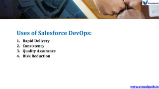 Uses of Salesforce DevOps:
1. Rapid Delivery
2. Consistency
3. Quality Assurance
4. Risk Reduction
 