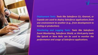 Deployment Tools: Tools like Salesforce CLI, Gearset, or
Copado are used to deploy Salesforce applications from
one environment to another (e.g., from development to
testing or production).
Monitoring and Logging Tools: Tools like Salesforce
Event Monitoring, Salesforce Shield, or third-party tools
like Splunk or New Relic can be used to monitor the
performance and usage of Salesforce applications.
 