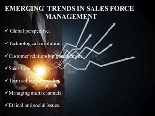 RECENT TRENDS IN SALES FORCE
MANAGEMENT
EMERGING TRENDS IN SALES FORCE
MANAGEMENT
 Global perspective.
Technological revolution
Customer relationship management.
Sales force diversity.
Team selling approach.
Managing multi channels.
Ethical and social issues.
 