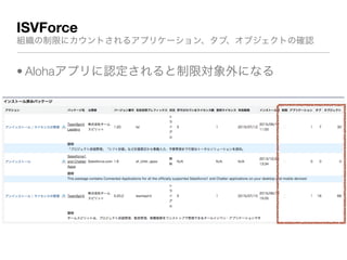 ISVForce
組織の制限にカウントされるアプリケーション、タブ、オブジェクトの確認
• Alohaアプリに認定されると制限対象外になる
 