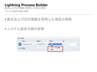 Lightning Process Builder
数式および日付関数を使用した項目の更新

システム指定の値の参照
• 数式および日付関数を使用した項目の更新
• システム指定の値の参照
 