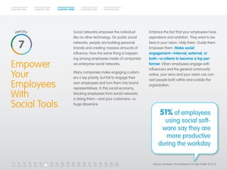 CHAPTER ONE CHAPTER TWO CHAPTER THREE CHAPTER FOUR CHAPTER FIVE 
Empower 
Your 
Employees 
With 
Social Tools 
Social networks empower the individual 
like no other technology. On public social 
networks, people are building personal 
brands and creating massive amounts of 
influence. Now the same thing is happen-ing 
among employees inside of companies 
via enterprise social networks. 
Many companies make engaging custom-ers 
a top priority, but fail to engage their 
own employees and turn them into brand 
representatives. In this social economy, 
blocking employees from social networks 
is doing them—and your customers—a 
huge disservice. 
Embrace the fact that your employees have 
aspirations and ambition. They want to be-lieve 
in your vision. Help them. Guide them. 
Empower them. Make social 
engagement—internal, external, or 
both—a criteria to become a top per-former. 
When employees engage with 
influencers and the general community 
online, your story and your vision can con-nect 
people both within and outside the 
organization. 
51% of employees 
using social soft-ware 
say they are 
more productive 
during the workday 
7 
1 2 3 4 5 6 7 8 9 10 11 12 13 14 15 16 17 18 19 20 (Source: Forrester, The Enterprise 2.0 User Profile 10.31.11) 
 