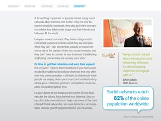 CHAPTER ONE CHAPTER TWO CHAPTER THREE CHAPTER FOUR CHAPTER FIVE 
A funny thing happened as people started using social 
networks like Facebook and Twitter. They not only be-came 
incredibly connected, they also built their own are-nas 
where they take center stage and their friends and 
followers fill the seats. 
Everyone now has a voice. They have a stage and a 
connected audience to share what they like and also 
what they don’t like. Remember, people on social net-works 
are at the center of their own social universe, and 
they don’t have to connect to your business. Establishing 
and losing connections are as easy as a ‘click.’ 
It’s time to get their attention and earn their support. 
But you won’t capture their mindshare if you treat social 
media like traditional broadcast channels that only offer 
one-way communication. It all starts by listening to what 
people are saying about your brand and understanding 
where your customers, partners, competitors, and pros-pects 
are spending their time. 
Let your desire to put people at the center of your busi-ness 
be the driving force behind your listening. Stay on 
top of social conversations to help customers at the point 
of need, thank advocates, win over detractors, and capi-talize 
on new growth opportunities for your business. 
“Being social is not just 
about winning fans and 
influencing followers. 
It’s about inspiring 
customers to engage 
with us.” 
John Costello 
CMO, Duncan 
Social networks reach 
82% of the online 
population worldwide 
(Source: comScore, It’s a Social World) 
 