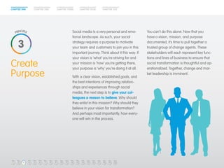 CHAPTER ONE CHAPTER TWO CHAPTER THREE CHAPTER FOUR CHAPTER FIVE 
Create 
Purpose 
Social media is a very personal and emo-tional 
landscape. As such, your social 
strategy requires a purpose to motivate 
your team and customers to join you in this 
important journey. Think about it this way: If 
your vision is ‘what’ you’re striving for and 
your mission is ‘how’ you’re getting there, 
your purpose is ‘why’ you’re doing it at all. 
With a clear vision, established goals, and 
the best intentions of improving relation-ships 
and experiences through social 
media, the next step is to give your col-leagues 
a reason to believe. Why should 
they enlist in this mission? Why should they 
believe in your vision for transformation? 
And perhaps most importantly, how every-one 
will win in the process. 
You can’t do this alone. Now that you 
have a vision, mission, and purpose 
documented, it’s time to pull together a 
trusted group of change agents. These 
stakeholders will each represent key func-tions 
and lines of business to ensure that 
social transformation is thoughtful and op-erationalized. 
Together, change and mar-ket 
leadership is imminent. 
3 
1 2 3 4 5 6 7 8 9 10 11 12 13 14 15 16 17 18 19 20 
 