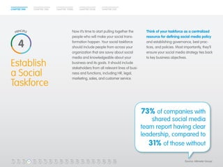 CHAPTER ONE CHAPTER TWO CHAPTER THREE CHAPTER FOUR CHAPTER FIVE 
Establish 
a Social 
Taskforce 
Now it’s time to start pulling together the 
people who will make your social trans-formation 
happen. Your social taskforce 
should include people from across your 
organization that are savvy about social 
media and knowledgeable about your 
business and its goals. It should include 
stakeholders from all relevant lines of busi-ness 
and functions, including HR, legal, 
marketing, sales, and customer service. 
Think of your taskforce as a centralized 
resource for defining social media policy 
and establishing governance, best prac-tices, 
and policies. Most importantly, they’ll 
ensure your social media strategy ties back 
to key business objectives. 
4 
73% of companies with 
shared social media 
team report having clear 
leadership, compared to 
31% of those without 
1 2 3 4 5 6 7 8 9 10 11 12 13 14 15 16 17 18 19 20 (Source: Altimeter Group) 
 