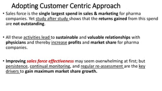 Adopting Customer Centric Approach
• Sales force is the single largest spend in sales & marketing for pharma
companies. Yet study after study shows that the returns gained from this spend
are not outstanding.
• All these activities lead to sustainable and valuable relationships with
physicians and thereby increase profits and market share for pharma
companies.
• Improving sales force effectiveness may seem overwhelming at first; but
persistence, continual monitoring, and regular re-assessment are the key
drivers to gain maximum market share growth.
 
