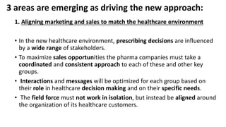 3 areas are emerging as driving the new approach:
1. Aligning marketing and sales to match the healthcare environment
• In the new healthcare environment, prescribing decisions are influenced
by a wide range of stakeholders.
• To maximize sales opportunities the pharma companies must take a
coordinated and consistent approach to each of these and other key
groups.
• Interactions and messages will be optimized for each group based on
their role in healthcare decision making and on their specific needs.
• The field force must not work in isolation, but instead be aligned around
the organization of its healthcare customers.
 